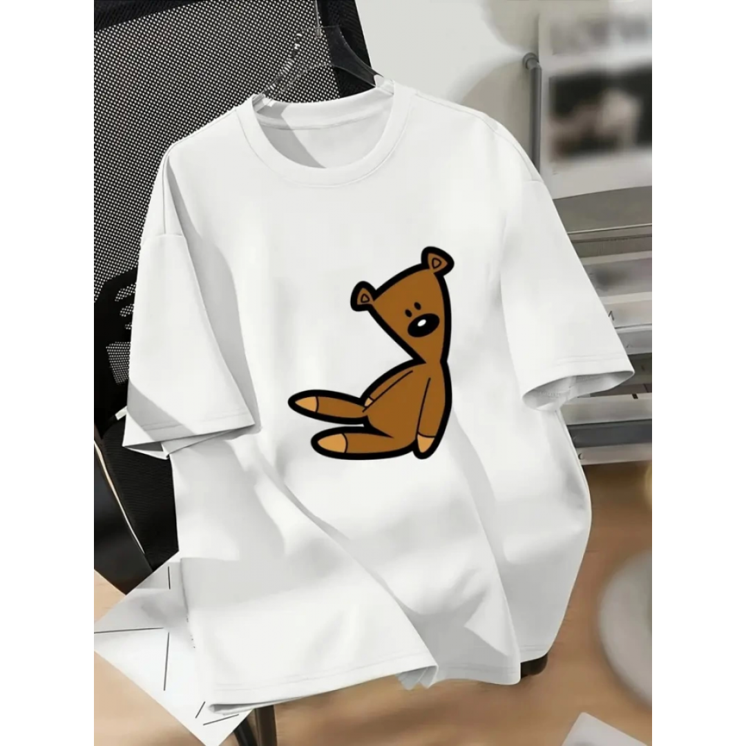 Baskılı Oversize Bisiklet Yaka T-shirt - Beyaz