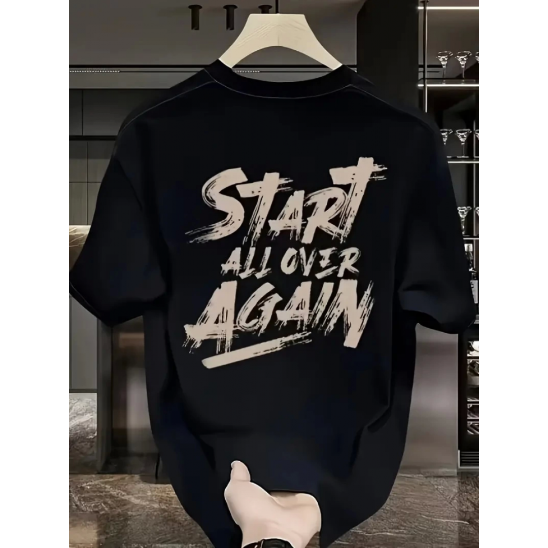 Baskılı Oversize Bisiklet Yaka T-shirt - Siyah