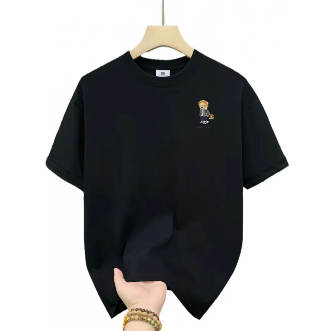Baskılı Oversize Bisiklet Yaka T-shirt - Siyah