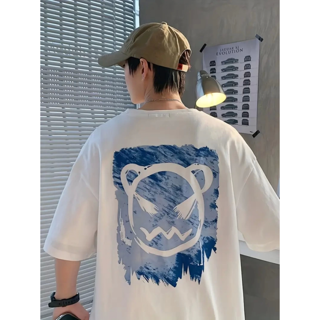 Baskılı Oversize Bisiklet Yaka T-shirt - Beyaz