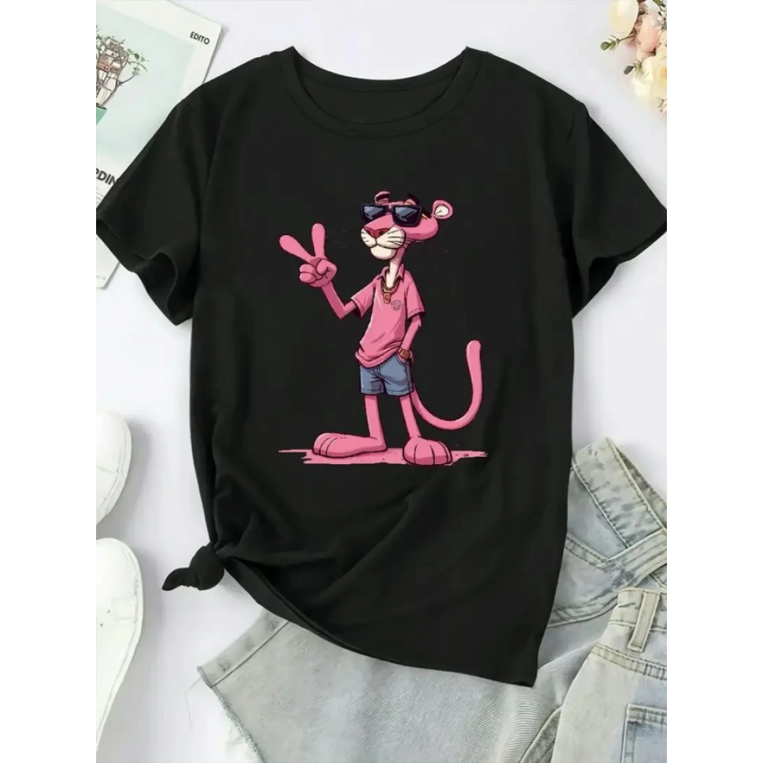 Pembe Panter Baskılı Oversize Bisiklet Yaka T-shirt - Beyaz 158919 Pembe Panter Baskılı Oversize Bisiklet Yaka T-shirt - Beyaz 158919