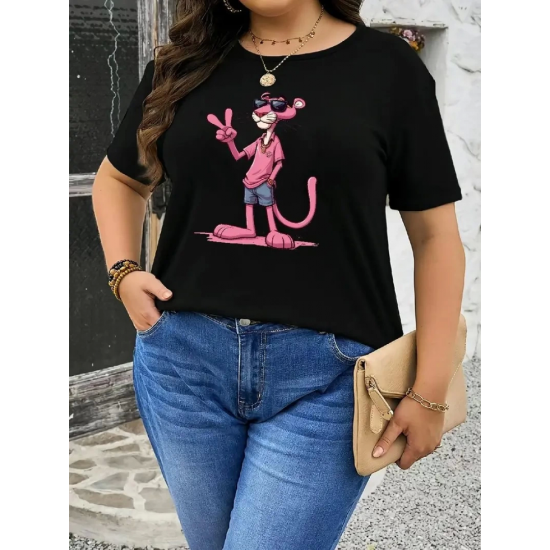 Pembe Panter Baskılı Oversize Bisiklet Yaka T-shirt - Beyaz 158919 Pembe Panter Baskılı Oversize Bisiklet Yaka T-shirt - Beyaz 158919