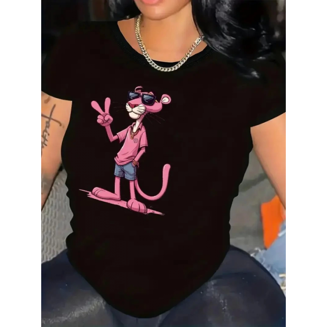 Pembe Panter Baskılı Oversize Bisiklet Yaka T-shirt - Beyaz 158919 Pembe Panter Baskılı Oversize Bisiklet Yaka T-shirt - Beyaz 158919