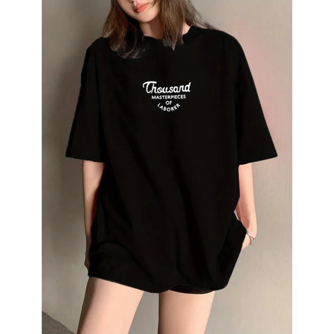 Thousand Baskılı Oversize Bisiklet Yaka T-shirt - Siyah