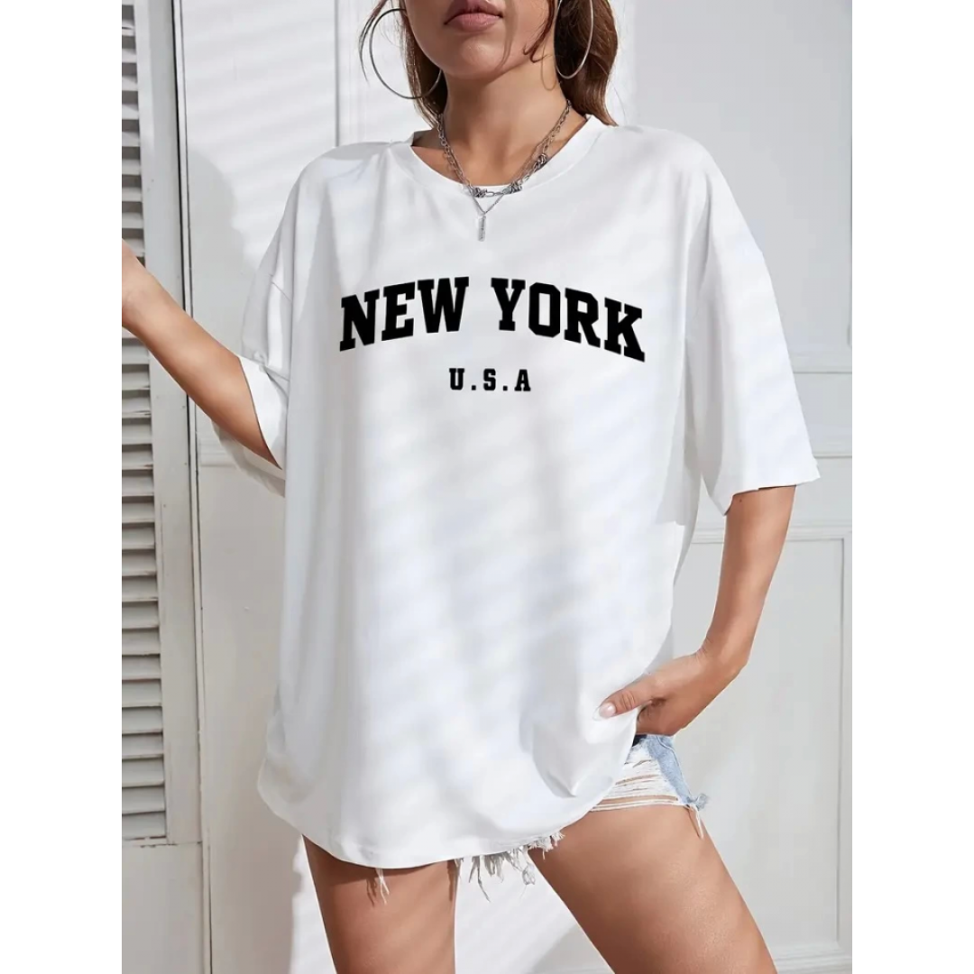 New York Baskılı Oversize Bisiklet Yaka T-shirt - Beyaz