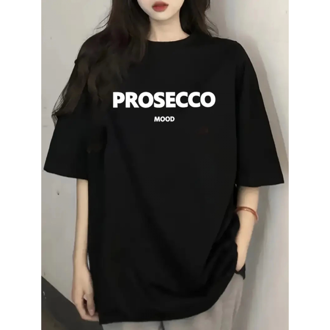 Baskılı Oversize Bisiklet Yaka T-shirt - Siyah