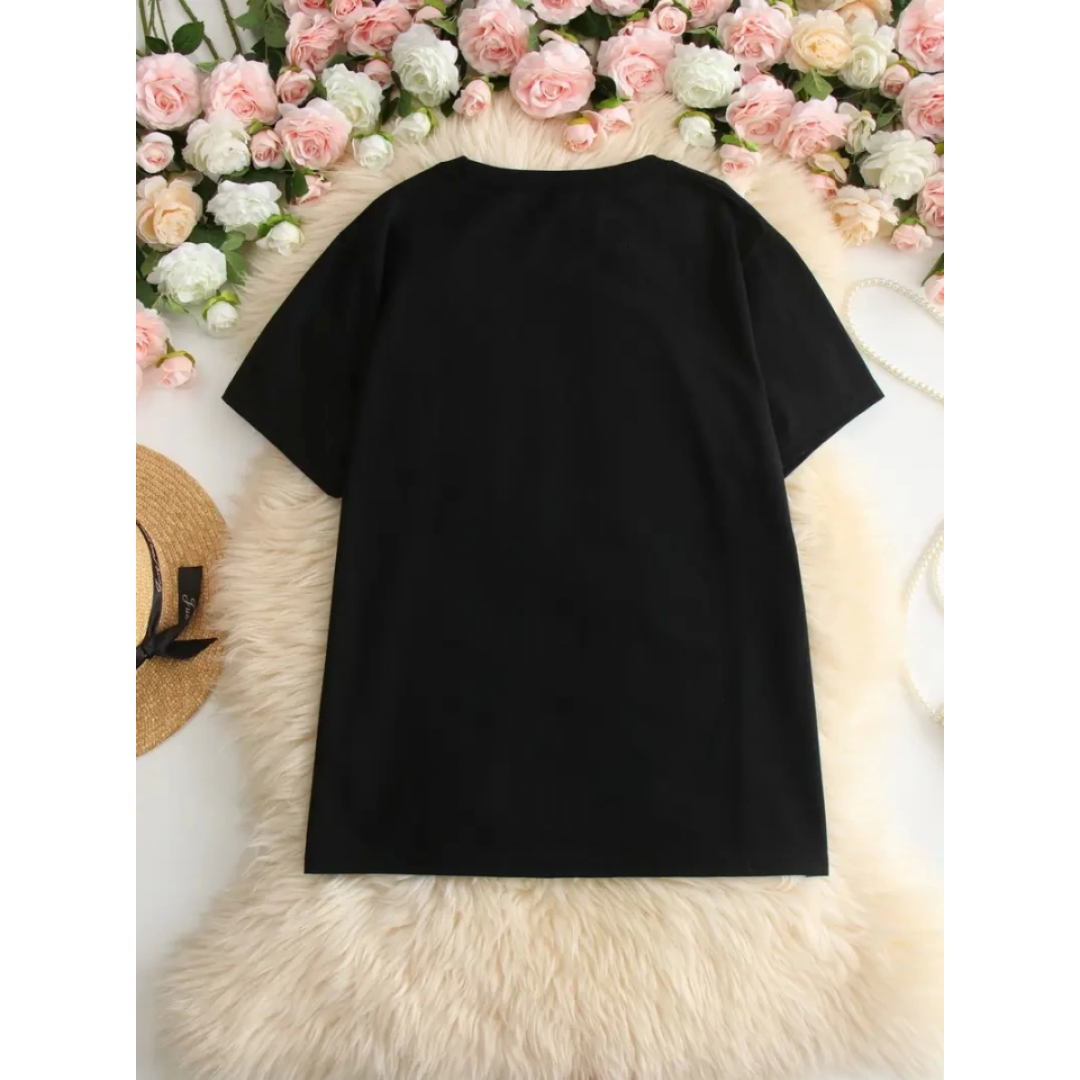 Baskılı Oversize Bisiklet Yaka T-shirt - Siyah 158934