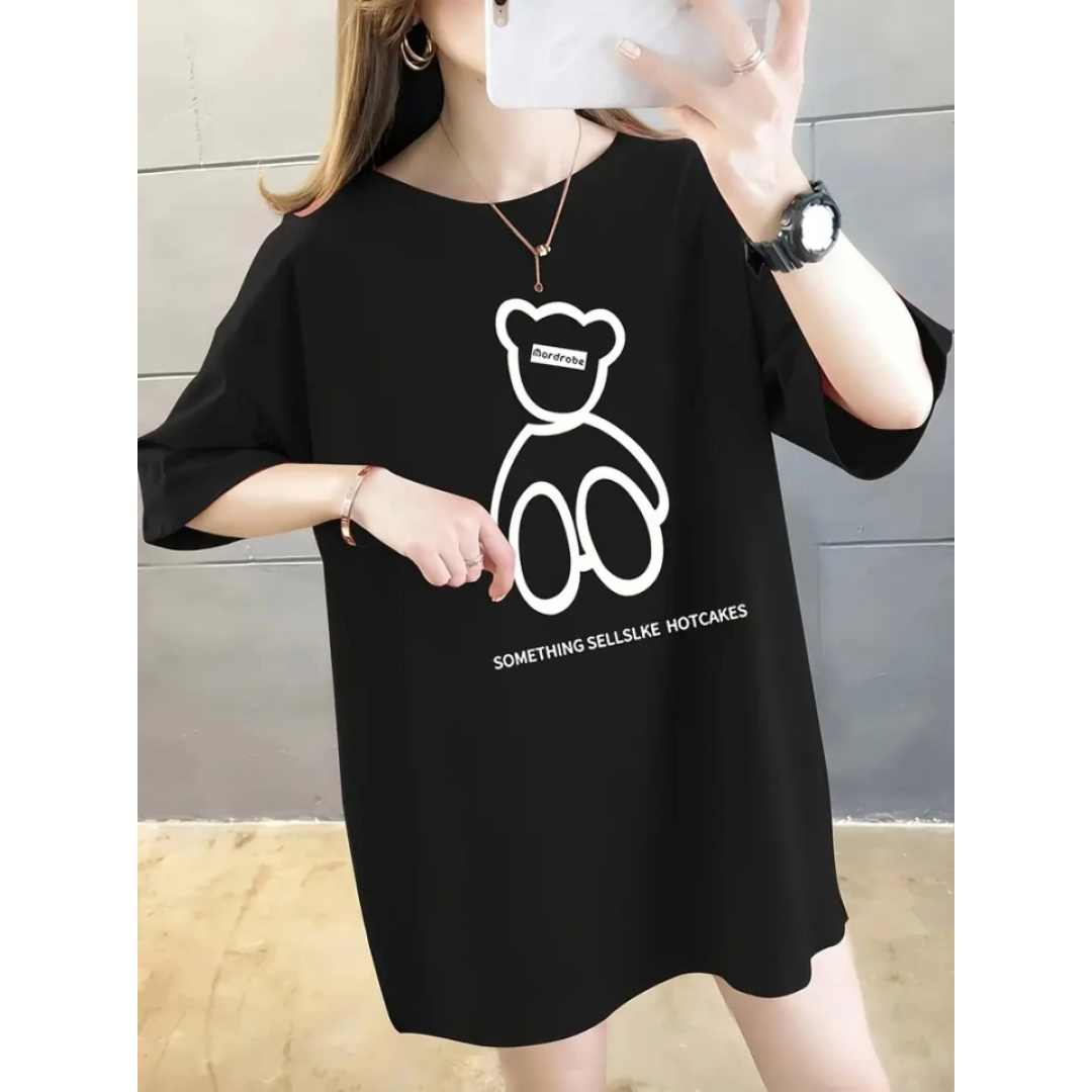 Baskılı Oversize Bisiklet Yaka T-shirt - Siyah