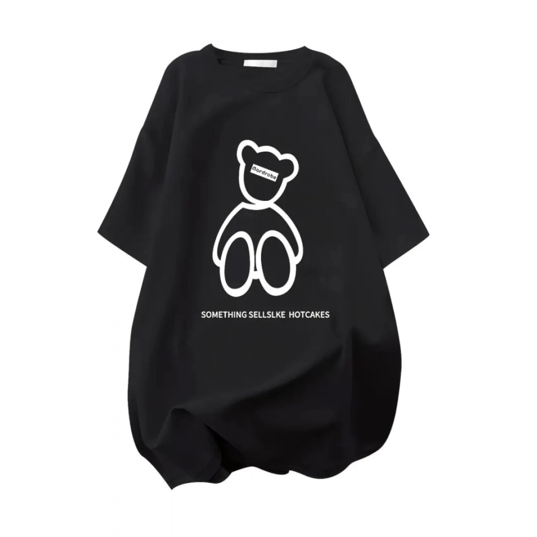 Baskılı Oversize Bisiklet Yaka T-shirt - Siyah 158935