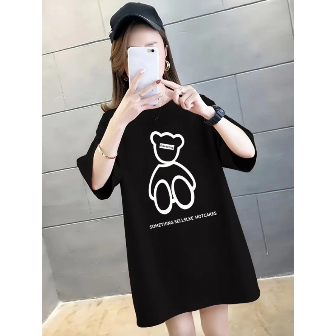 Baskılı Oversize Bisiklet Yaka T-shirt - Siyah 158935