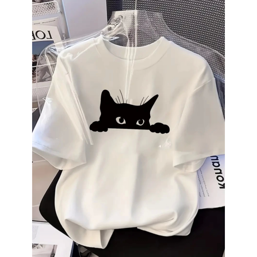 Baskılı Oversize Bisiklet Yaka T-shirt - Beyaz - 158937