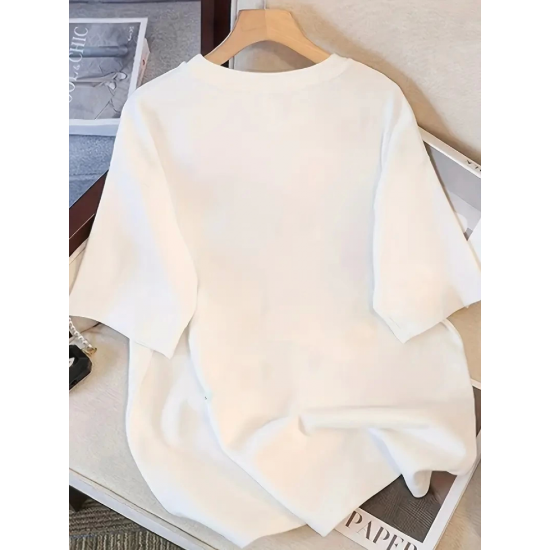 Baskılı Oversize Bisiklet Yaka T-shirt - Beyaz - 158937