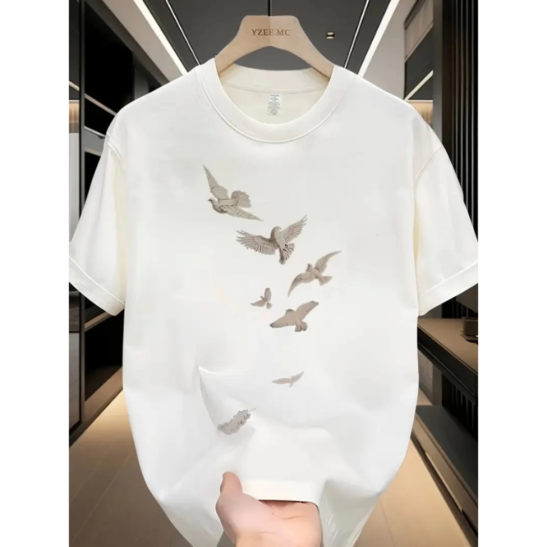 Baskılı Oversize Bisiklet Yaka T-shirt - Beyaz