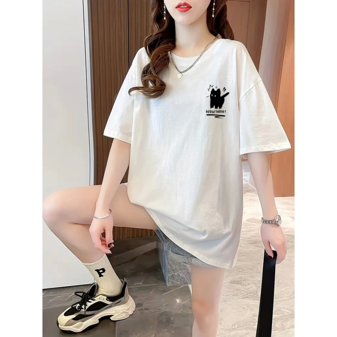Baskılı Oversize Bisiklet Yaka T-shirt - Beyaz