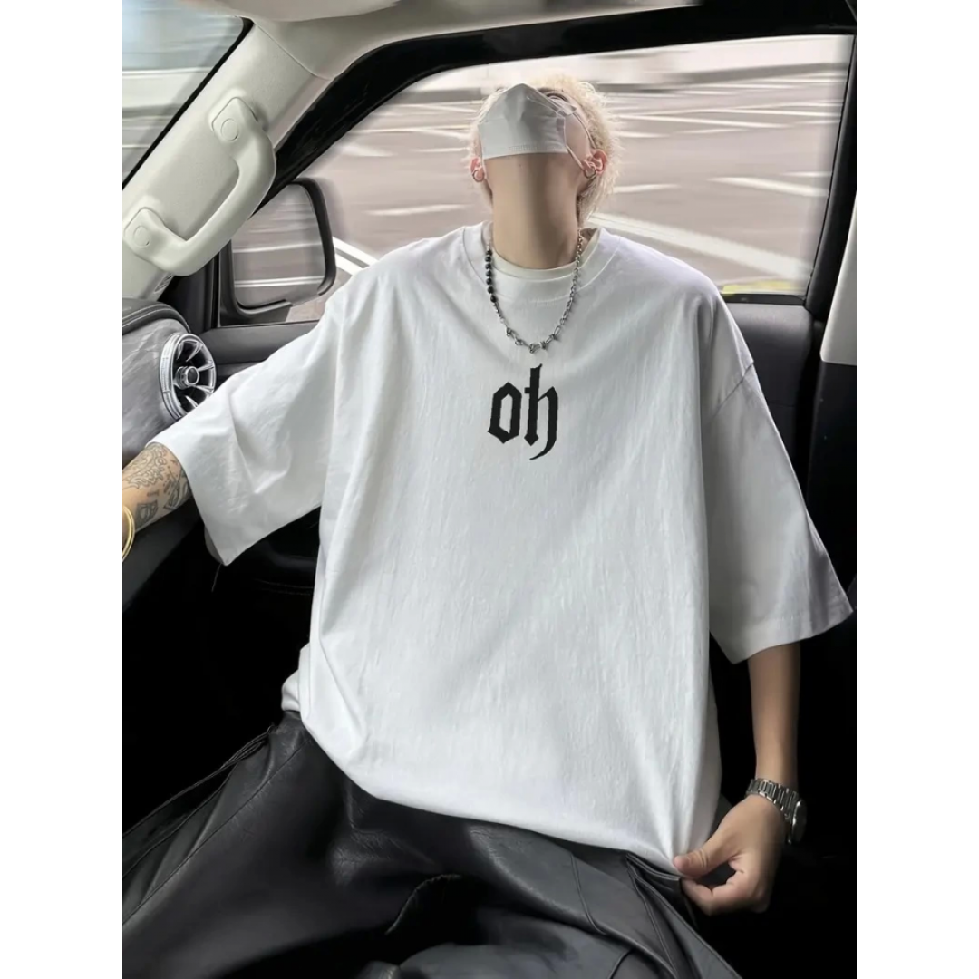 Baskılı Oversize Bisiklet Yaka T-shirt - Beyaz - 158944