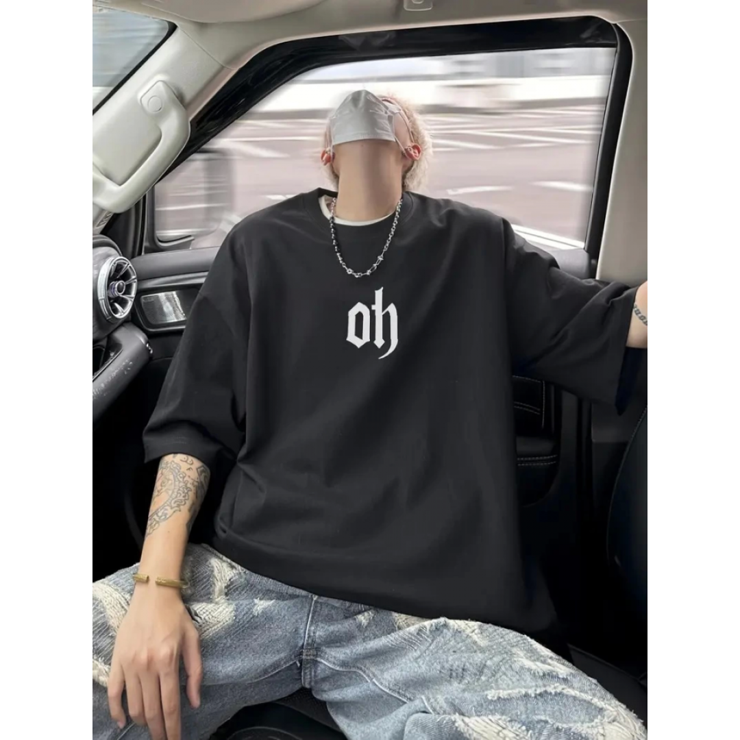 Baskılı Oversize Bisiklet Yaka T-shirt - Siyah - 158945