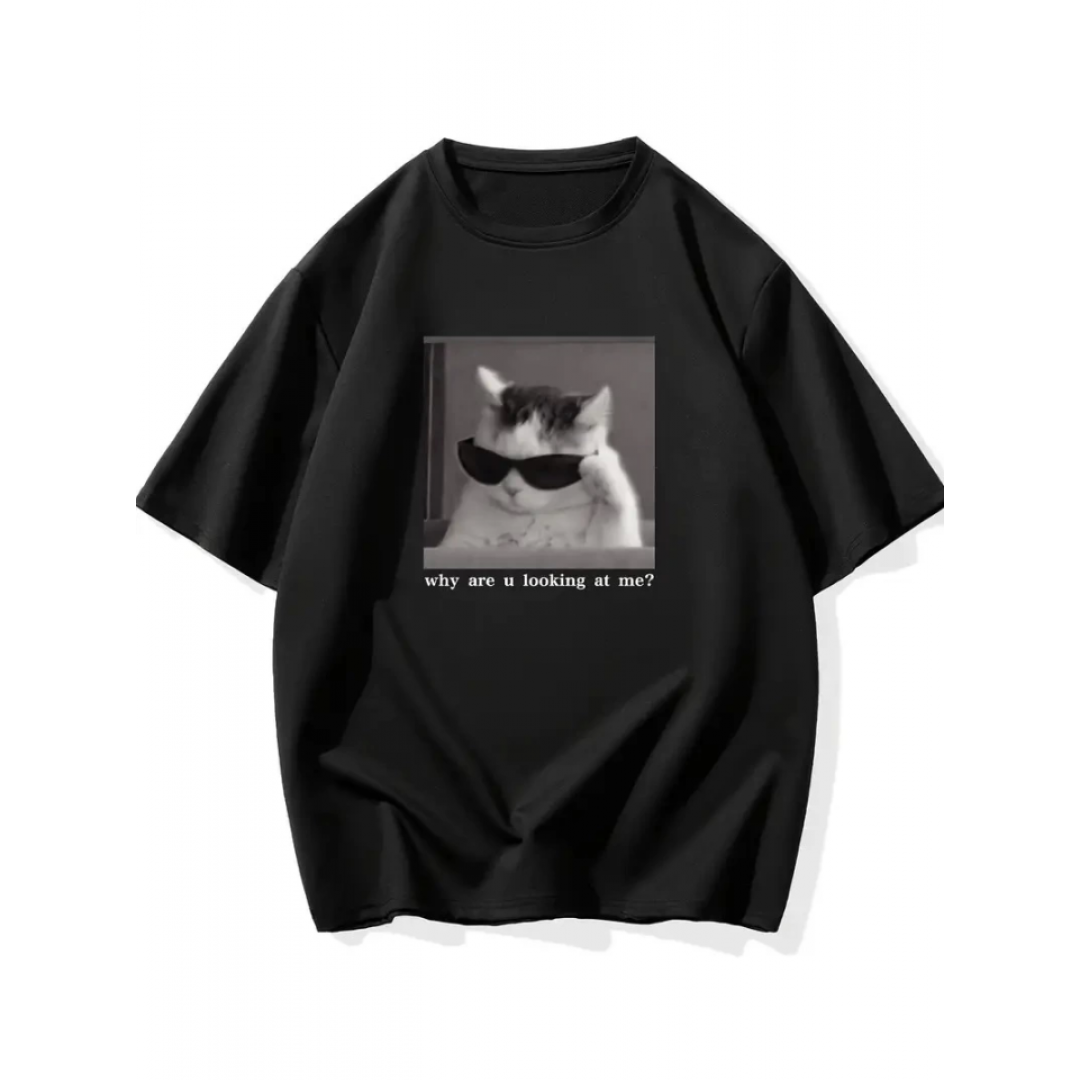 Baskılı Oversize Bisiklet Yaka T-shirt - Siyah
