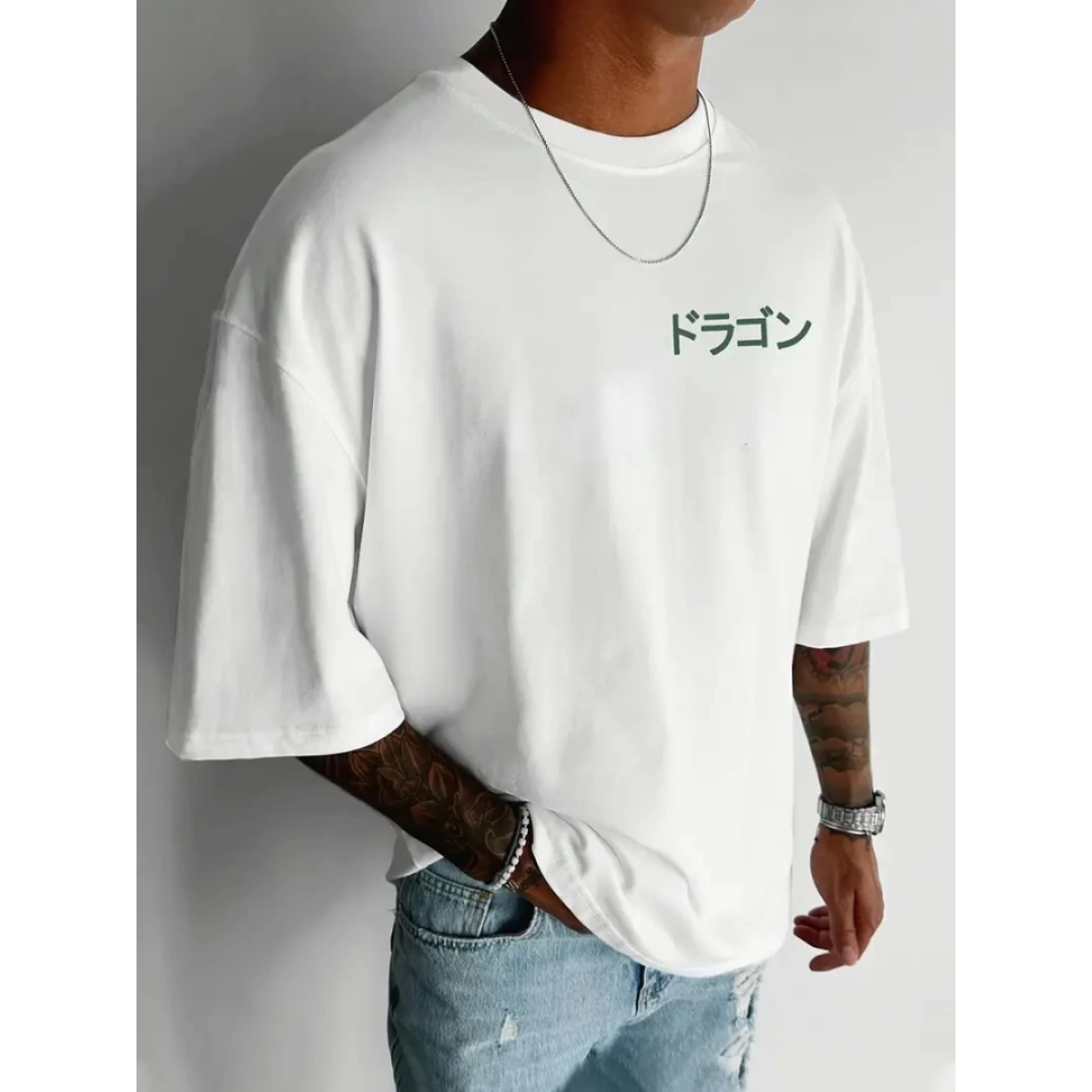 Baskılı Oversize Bisiklet Yaka T-shirt - Beyaz 158952