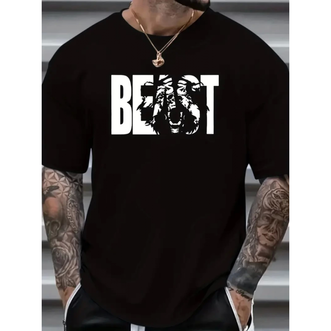 Baskılı Oversize Bisiklet Yaka T-shirt - Siyah