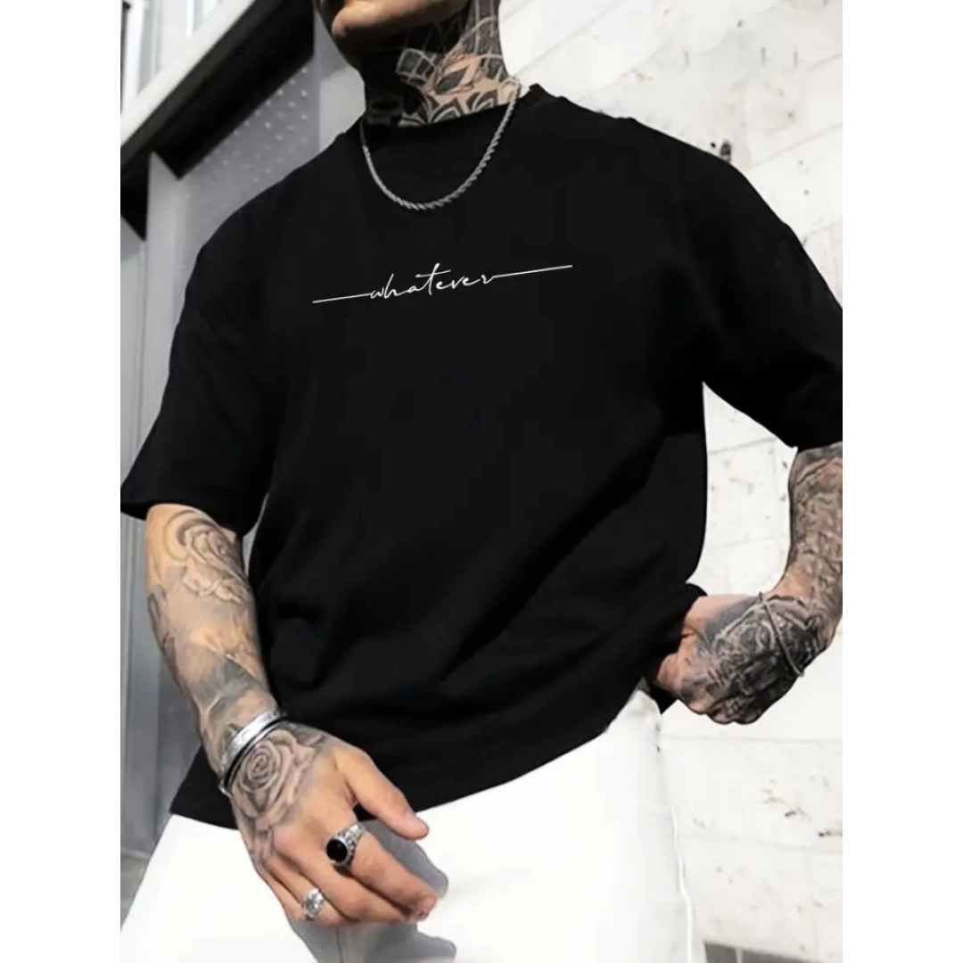 Baskılı Oversize Bisiklet Yaka T-shirt - Siyah - 158971
