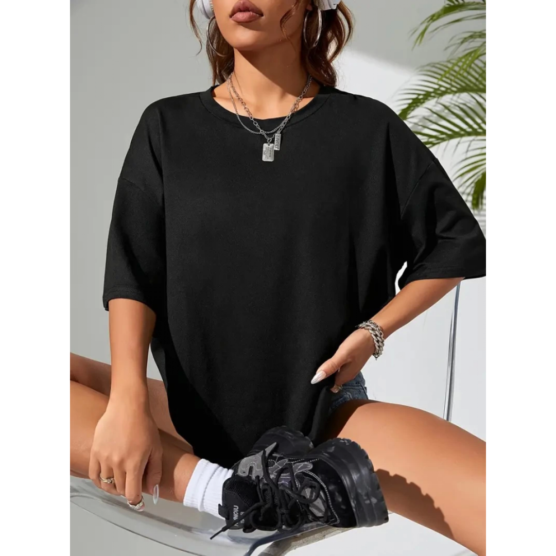 Baskılı Oversize Bisiklet Yaka T-shirt - Siyah 158978