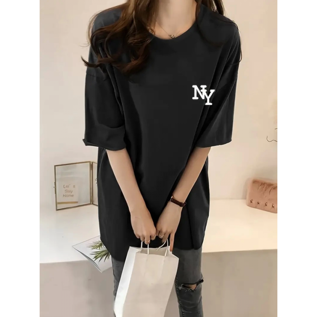 Baskılı Oversize Bisiklet Yaka T-shirt - Siyah - 158986 Baskılı Oversize Bisiklet Yaka T-shirt - Siyah - 158986