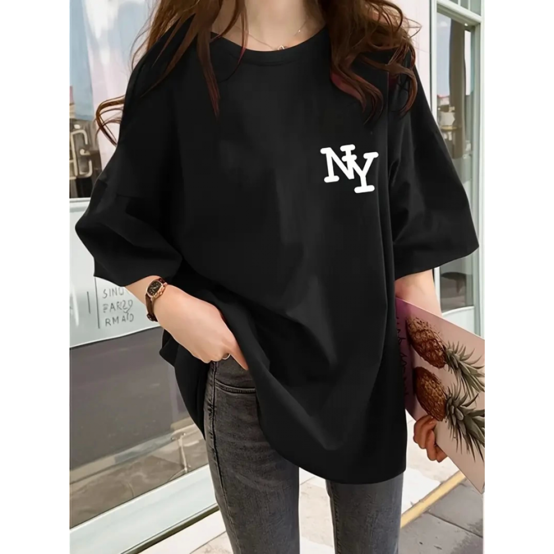 Baskılı Oversize Bisiklet Yaka T-shirt - Siyah - 158986 Baskılı Oversize Bisiklet Yaka T-shirt - Siyah - 158986