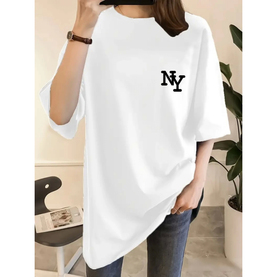 Baskılı Oversize Bisiklet Yaka T-shirt - Beyaz - 158989