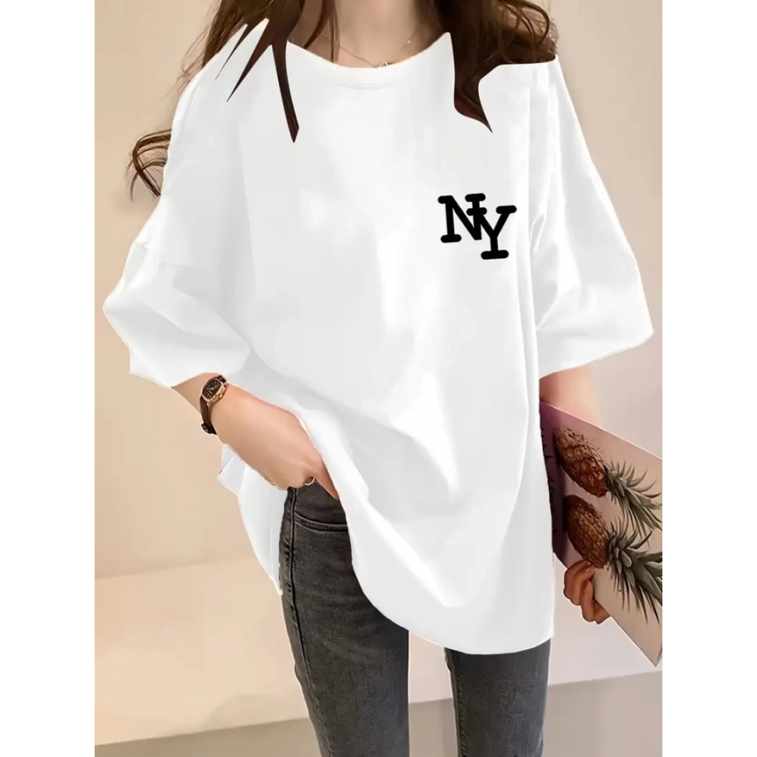Baskılı Oversize Bisiklet Yaka T-shirt - Beyaz - 158989