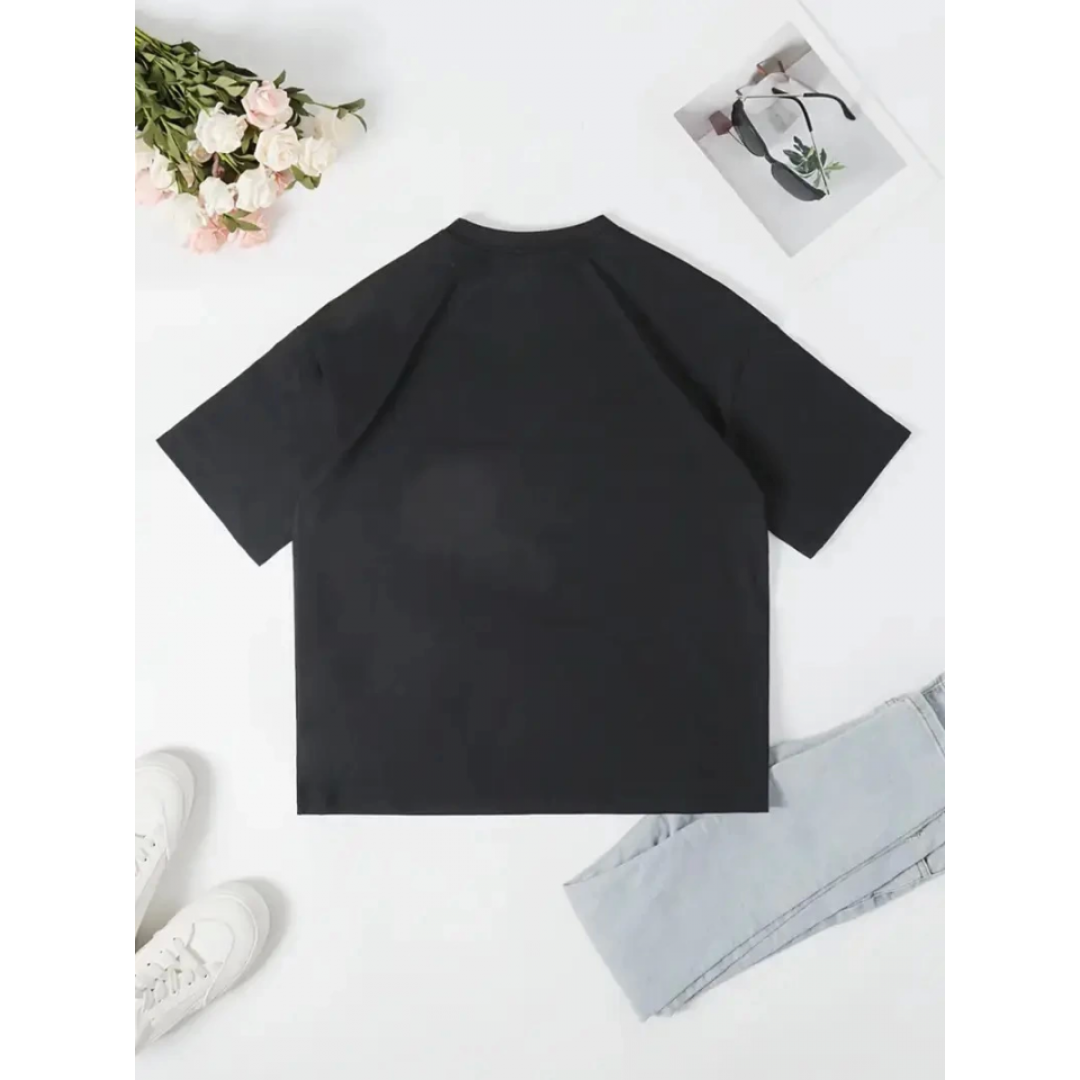 Baskılı Oversize Bisiklet Yaka T-shirt - Siyah - 159032