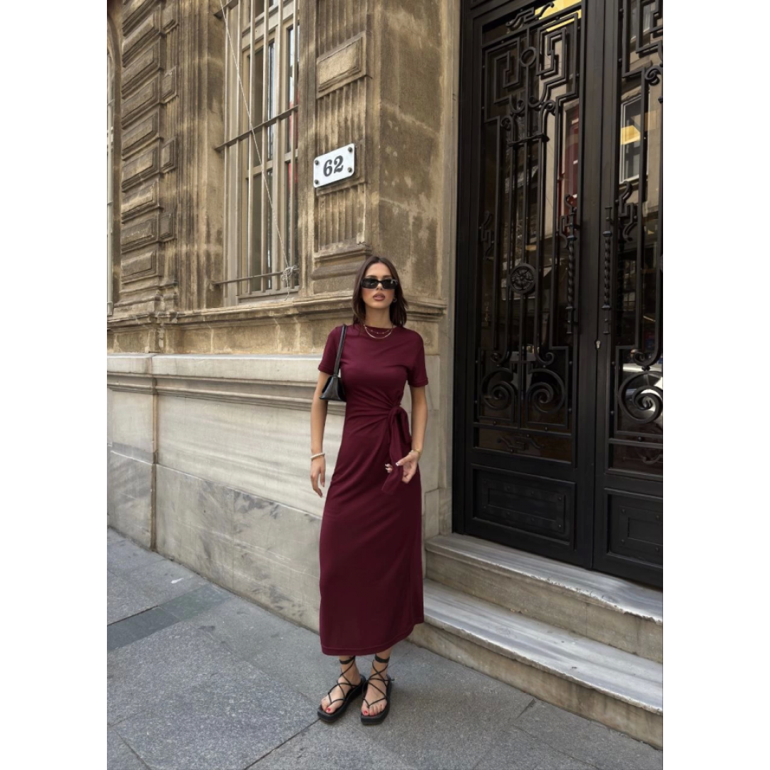 Osy Modal Yumuşak Dokulu Kumaş Bisiklet Yaka Kısa Kollu Kuşaklı Uzun Elbise - Bordo - 159222 Osy Modal Yumuşak Dokulu Kumaş Bisiklet Yaka Kısa Kollu Kuşaklı Uzun Elbise - Bordo - 159222
