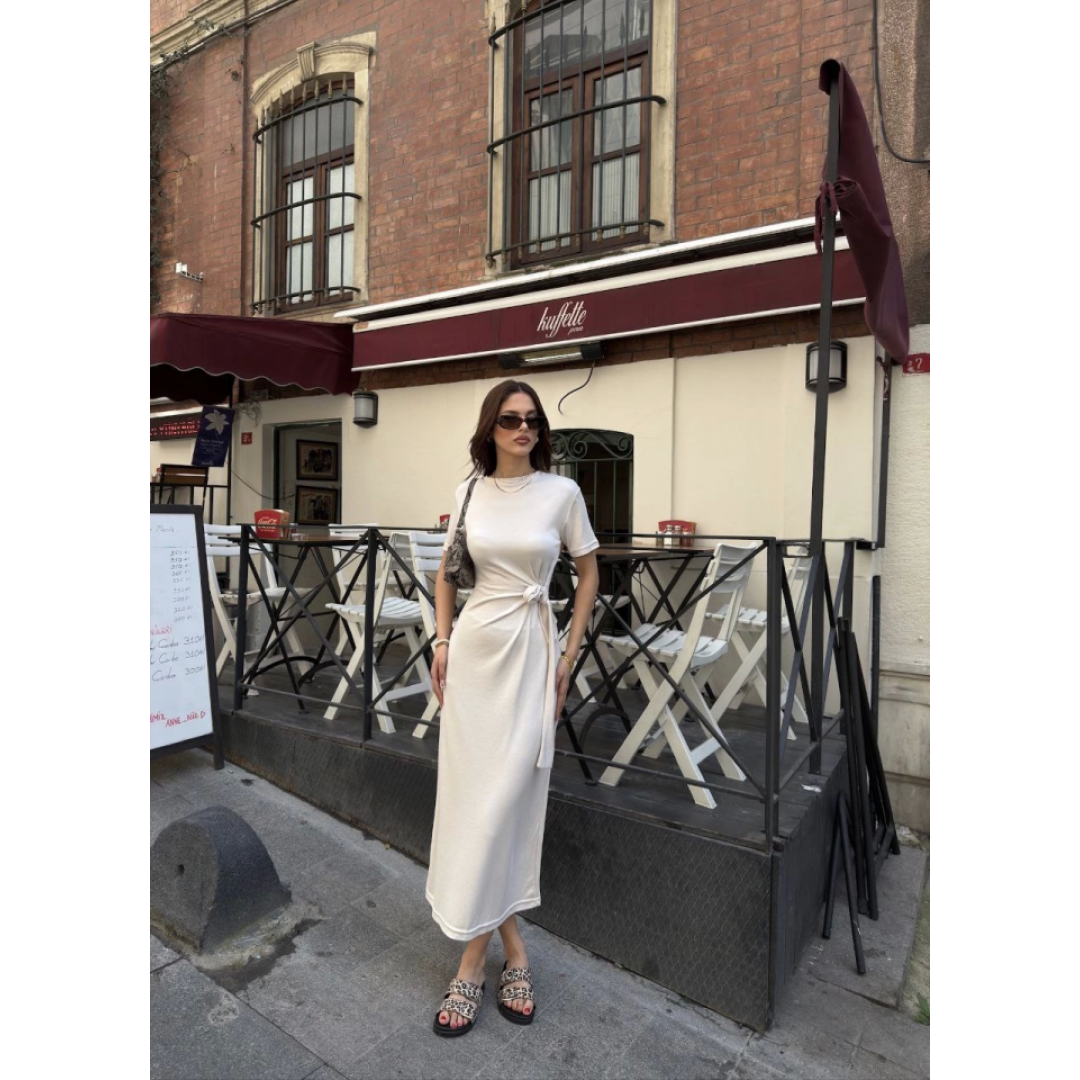 Osy Modal Yumuşak Dokulu Kumaş Bisiklet Yaka Kısa Kollu Kuşaklı Uzun Elbise - Beyaz - 159224 Osy Modal Yumuşak Dokulu Kumaş Bisiklet Yaka Kısa Kollu Kuşaklı Uzun Elbise - Beyaz - 159224
