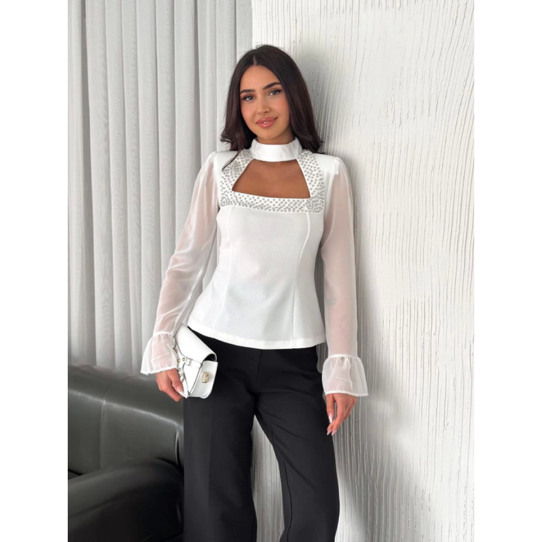 Kolları Şifon Göğüste İnci Boncuk Detaylı Bluz - Beyaz 159601