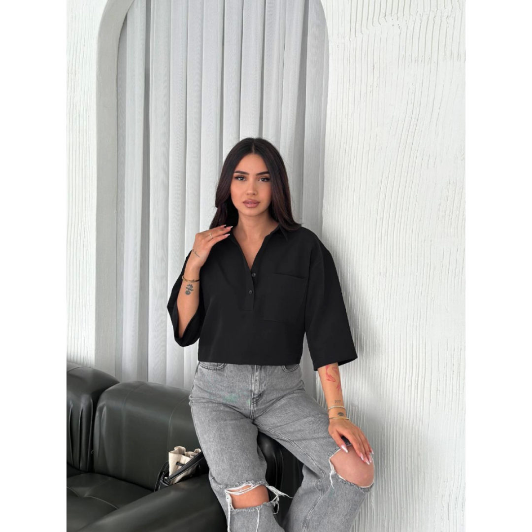 Crop Yakalı Gömlek Üç Çeyrek Sleeve Kol - Siyah 159603 Crop Yakalı Gömlek Üç Çeyrek Sleeve Kol - Siyah 159603
