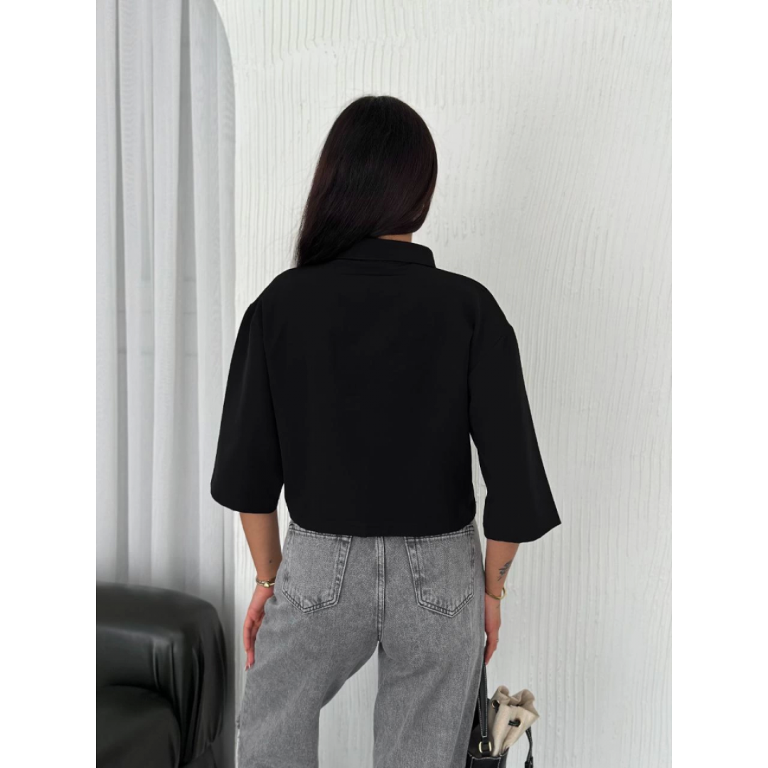 Crop Yakalı Gömlek Üç Çeyrek Sleeve Kol - Siyah 159603 Crop Yakalı Gömlek Üç Çeyrek Sleeve Kol - Siyah 159603