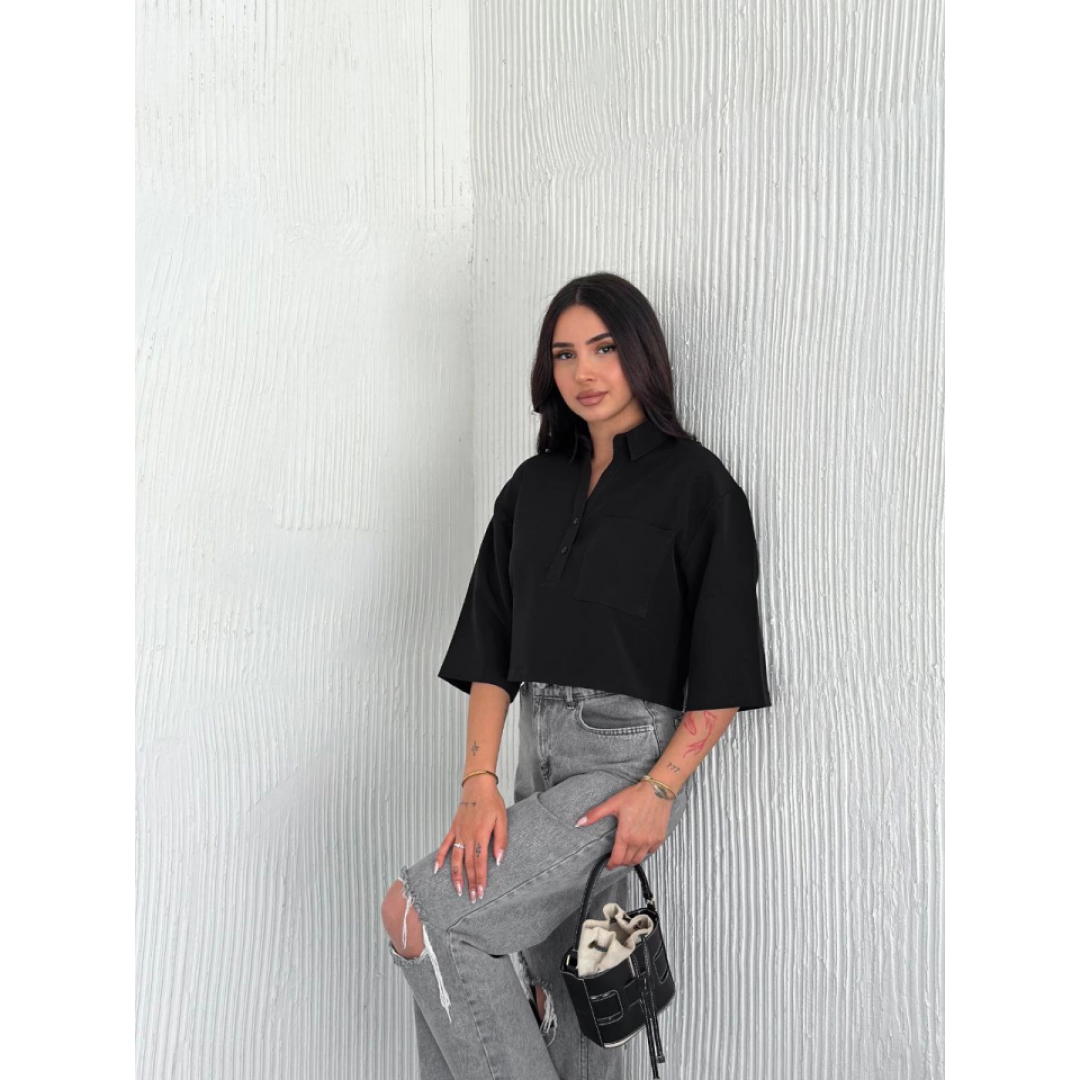 Crop Yakalı Gömlek Üç Çeyrek Sleeve Kol - Siyah 159603 Crop Yakalı Gömlek Üç Çeyrek Sleeve Kol - Siyah 159603
