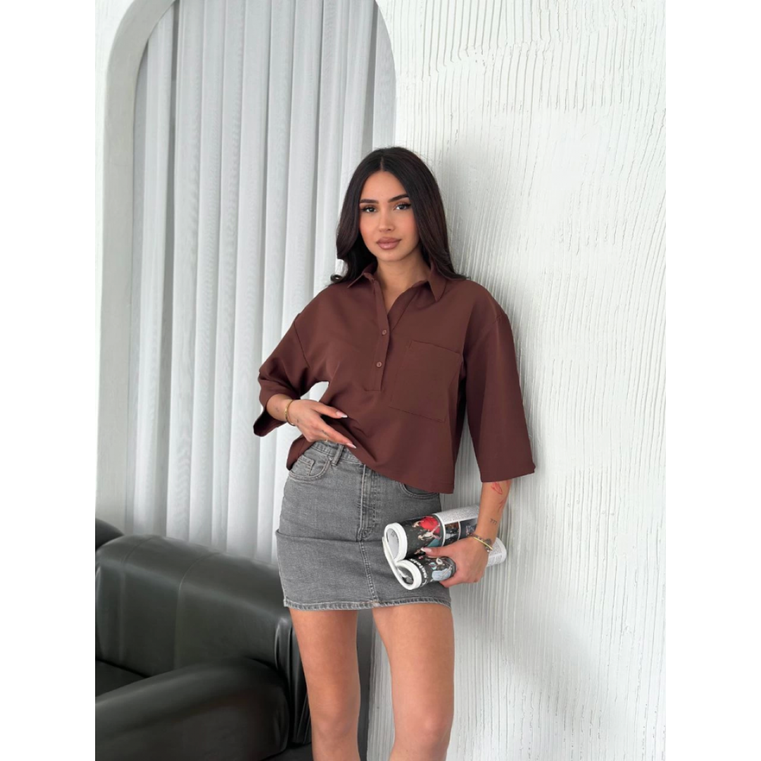 Crop Yakalı Gömlek Üç Çeyrek Sleeve Kol - Kahverengi