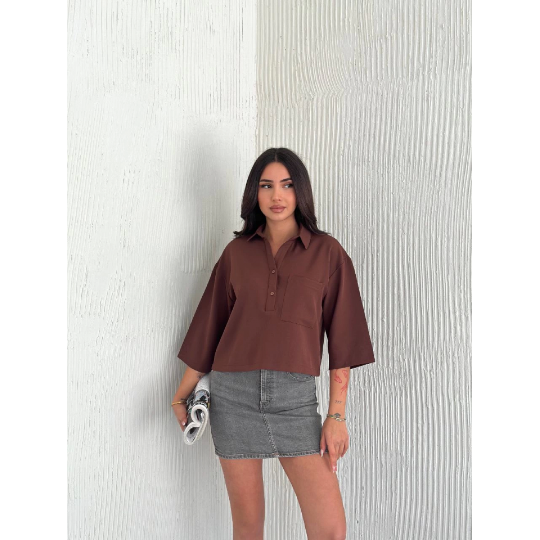 Crop Yakalı Gömlek Üç Çeyrek Sleeve Kol - Kahverengi 159604 Crop Yakalı Gömlek Üç Çeyrek Sleeve Kol - Kahverengi 159604