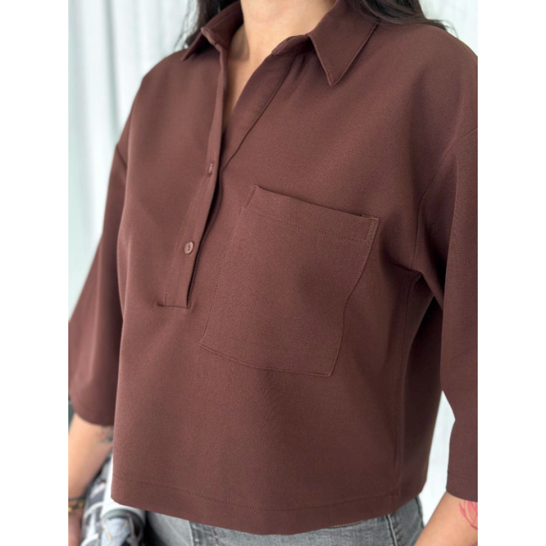 Crop Yakalı Gömlek Üç Çeyrek Sleeve Kol - Kahverengi 159604 Crop Yakalı Gömlek Üç Çeyrek Sleeve Kol - Kahverengi 159604