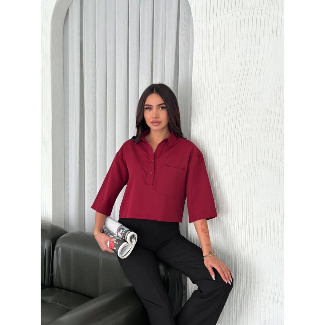 Crop Yakalı Gömlek Üç Çeyrek Sleeve Kol - Bordo 159606