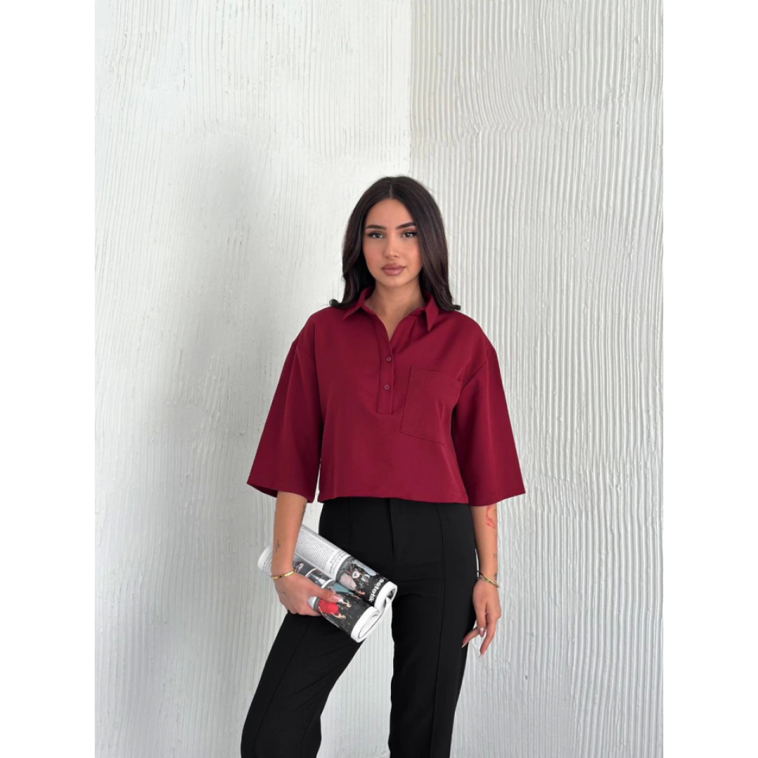 Crop Yakalı Gömlek Üç Çeyrek Sleeve Kol - Bordo 159606