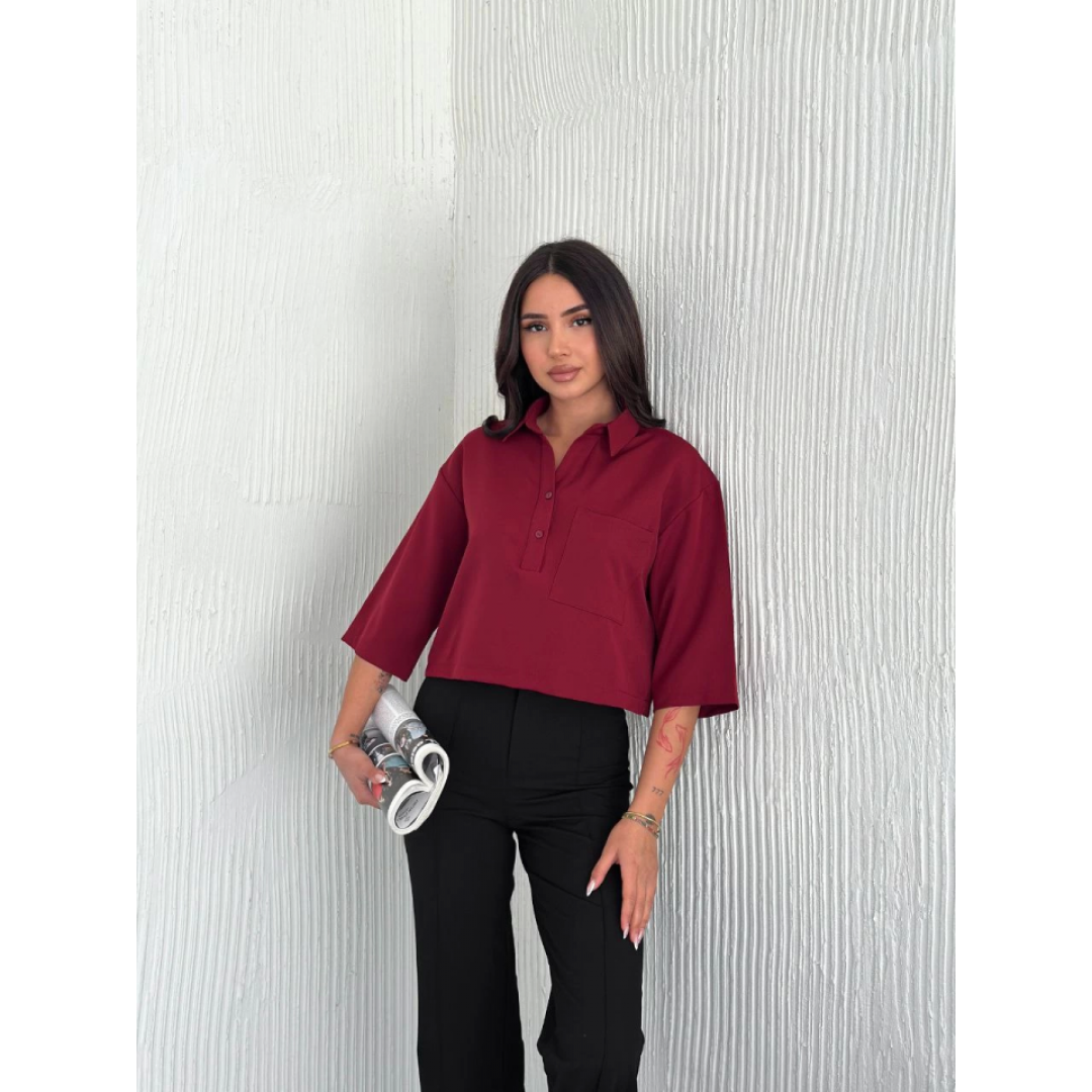 Crop Yakalı Gömlek Üç Çeyrek Sleeve Kol - Bordo 159606