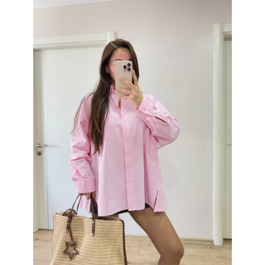 Yakalı Yandan Yırtmaçlı Gömlek - Pembe
