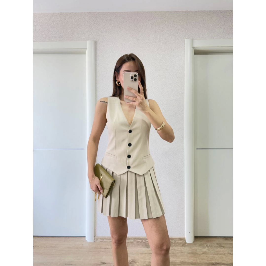 Takım Görünümlu Yelekli Mini Elbise- Bej