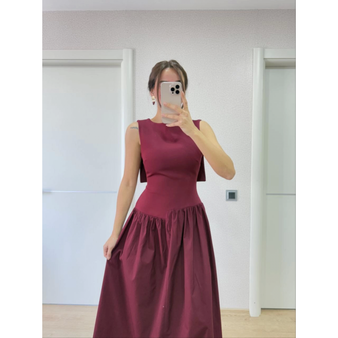 Arkası Kanatlı Uzun Elbise- Bordo - 159857