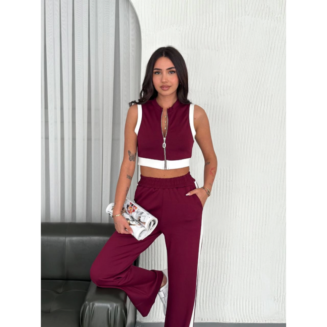 Osy Modal Yumuşak Dokulu Kumaş Tam Fermuarlı Crop Pantalon İkili Takım - Bordo - 159901 Osy Modal Yumuşak Dokulu Kumaş Tam Fermuarlı Crop Pantalon İkili Takım - Bordo - 159901
