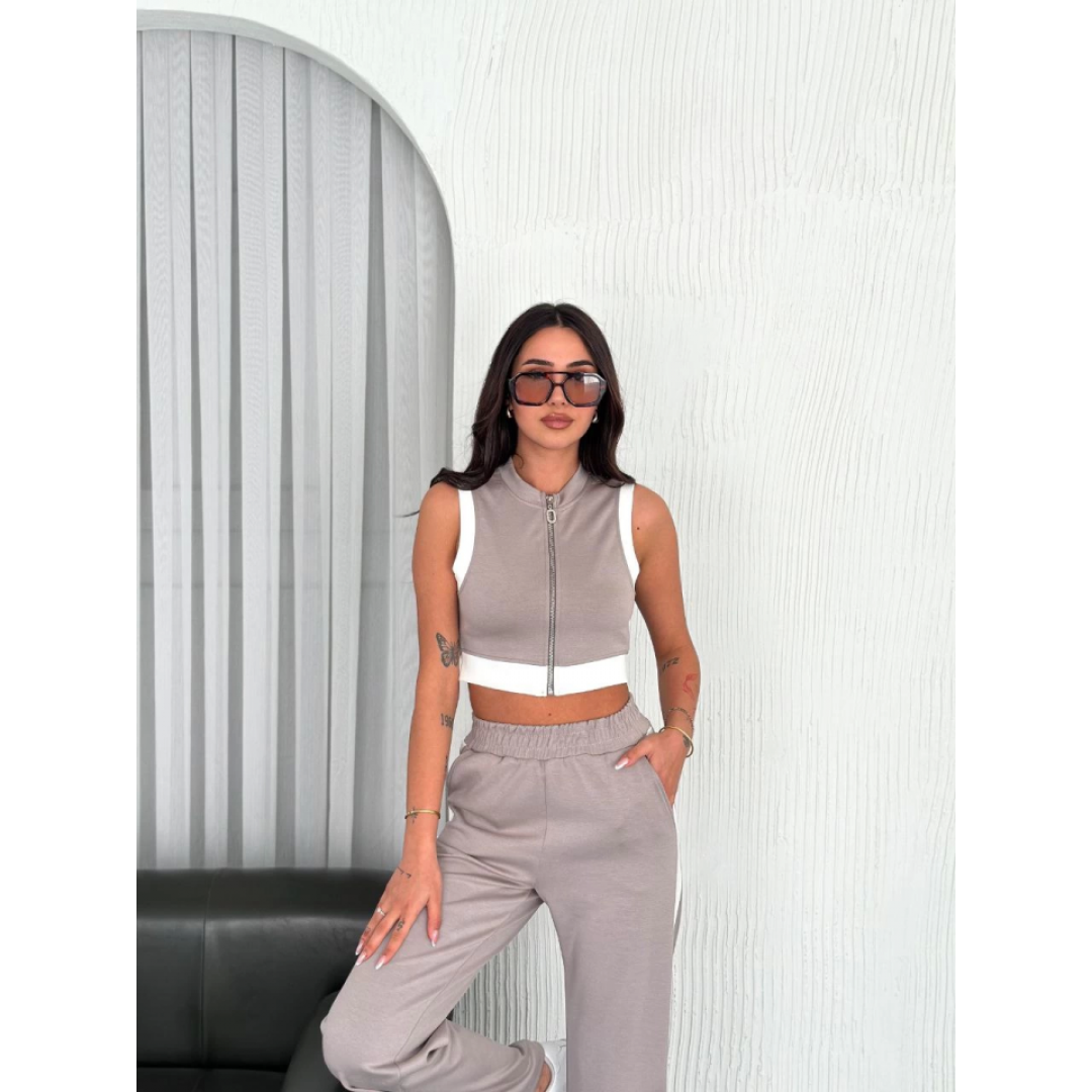 Osy Modal Yumuşak Dokulu Kumaş Tam Fermuarlı Crop Pantalon İkili Takım - Gri 159903