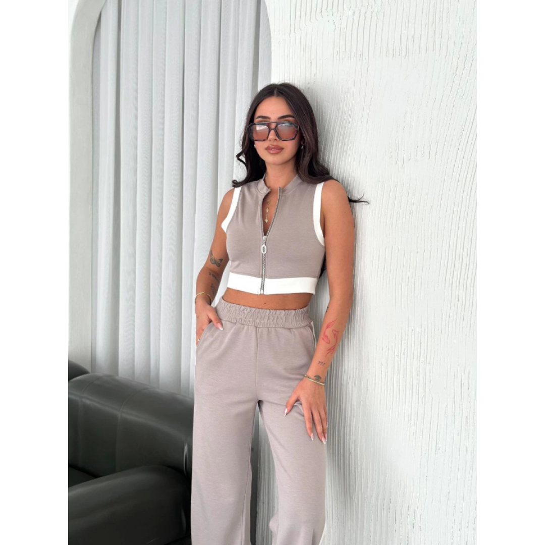 Osy Modal Yumuşak Dokulu Kumaş Tam Fermuarlı Crop Pantalon İkili Takım - Gri 159903