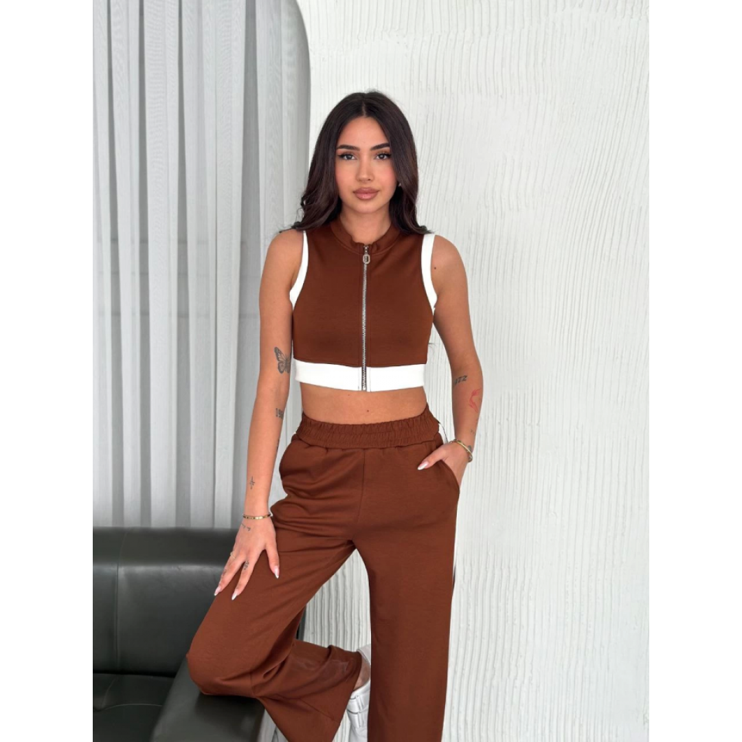 Osy Modal Yumuşak Dokulu Kumaş Tam Fermuarlı Crop Pantalon İkili Takım - Kahverengi