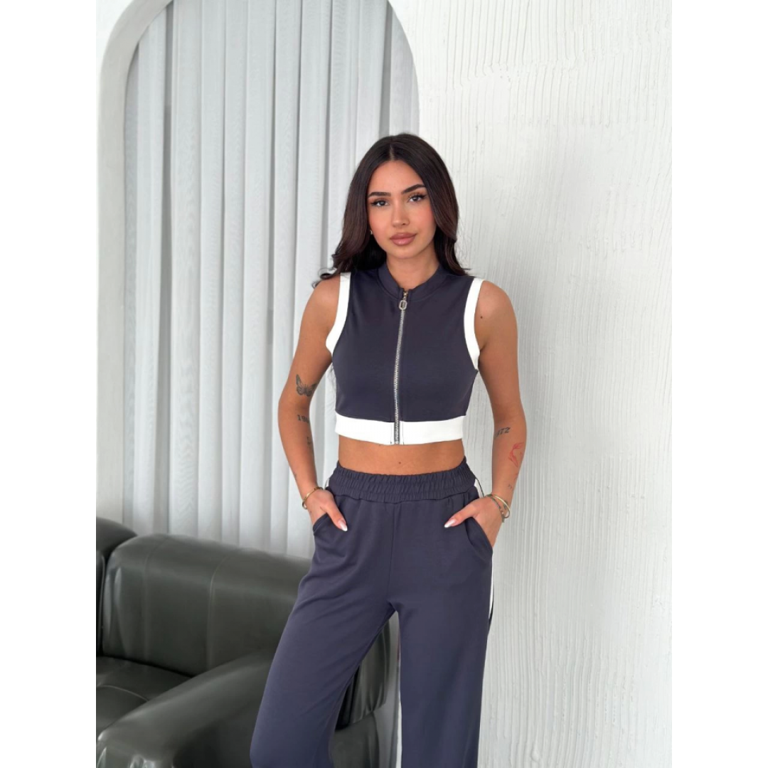 Osy Modal Yumuşak Dokulu Kumaş Tam Fermuarlı Crop Pantalon İkili Takım - Antrasit